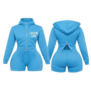 Combinaison courte à capuche noire pour femme, fermeture éclair bleue, impression de logo personnalisé, coupe ajustée, style décontracté, toutes saisons, polyester/coton, séchage rapide - Product Image 6