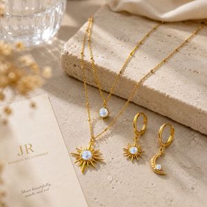 Ensemble de bijoux de luxe avec pierre de lune céleste, collier superposé et boucles d'oreilles pour femme, à porter au quotidien - Product Image 1