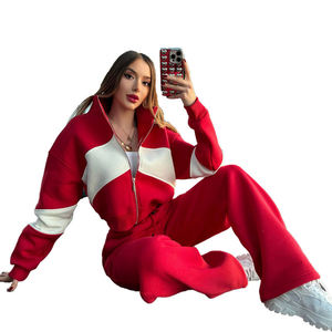 Ensemble de survêtement deux pièces en molleton de coton pour femme, avec sweat à capuche zippé color block rouge et pantalon large, style streetwear tendance - Product Image 5