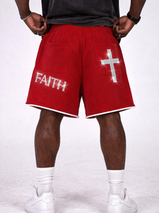 Nouvelle Arrivée Shorts en Coton Rouge pour Hommes, Service OEM, Vente en Gros, Personnalisés avec Motif Jésus, Effet Vieilli, Strass et Délavage Acide, Marque Privée - Product Image 4