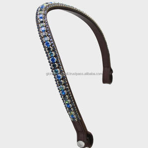 Handcrafted from Italian Leather Blue Branded Crystals <b>Shining</b> Diamante bling Wave Shape Leather horse brow band in full cob - Product Image 5