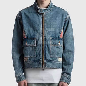 Veste en jean zippée pour homme, coupe régulière, couleur unie, style streetwear urbain, design multi-poches, tendance. - Product Image 2