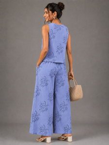 Conjunto de Pantalones de Seersucker 100% Algodón para Mujer, Top sin Mangas con Estampado Floral y Pantalones Anchos, Ropa Casual de Primavera/Verano - Product Image 2