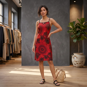 Robe en rayonne rouge à imprimé floral, coupe droite, sans manches, longueur genou, style décontracté d'été, respirante et tissée - Product Image 3