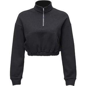 Cropped Quarter Zip Sweatshirt Oversized <b>Mock</b> <b>Neck</b> Fleece Pullover <b>Top</b> Boxy Fit Kangaroo Pocket Streetwear - Product Image 2