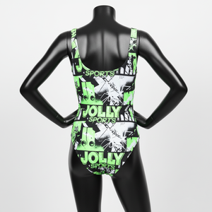 Traje de baño para mujer, 240 GSM, poliéster, spandex, verde neón, negro, estampado de grafiti, de una pieza, con logo personalizado. - Product Image 3
