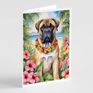 Whimsical Bullmastiff Luau Tarjetas de felicitación Paquete de 8 A7 Tamaño 5x7 Tarjetas de notas en blanco con sobres - Product Image 1