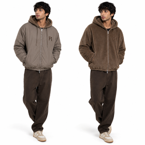 Vente en gros de sweats à capuche unisexes réversibles en molleton 100% coton, surdimensionnés pour hommes, avec logo personnalisé, fermeture éclair, double face, fournisseur USA - Product Image 1
