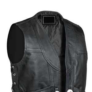 Gilet moto en cuir véritable pour homme, col en V, simple boutonnage avec chaîne décorative, vêtement d'extérieur pour l'automne - Product Image 5