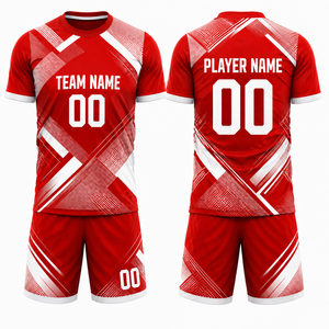 Custom Red Sublimated <b>Soccer</b> Jersey Set Geometric Pattern Crew Neck Short Sleeve Moisture Wicking Breathable Polyester Athletic - Product Image 1