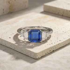 Blue Sapphire Engagement <b>Ring</b> 925 Sterling <b>Silver</b> Square Sapphire <b>Ring</b> Art Deco Style September Birthstone Gift - Product Image 2