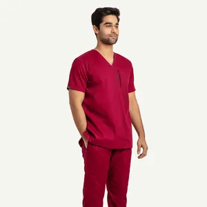 Conjunto de uniforme médico para hombre con cuello en V, rojo, de algodón y poliéster, pantalón de pana con detección de agujas, fusión sin costuras, marca personalizada - Product Image 2
