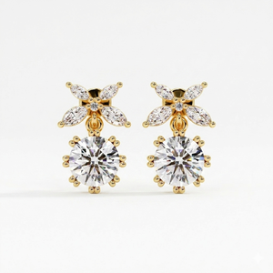 Pendientes Colgantes Florales de Oro Puro de 14K con Diamantes Cultivados en Laboratorio de Corte Redondo Certificados por IGI, Hoja Marquise y Mariposa, Joyería Fina para Mujer - Product Image 1