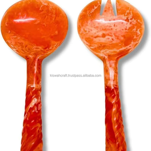 Juego de Cubiertos de Resina Ecológicos Hechos a Mano de 2 Piezas con Patrón en Espiral, Cuchara y Tenedor Naranja para Servir Ensaladas, Utensilios para la Mesa del Comedor - Product Image 1