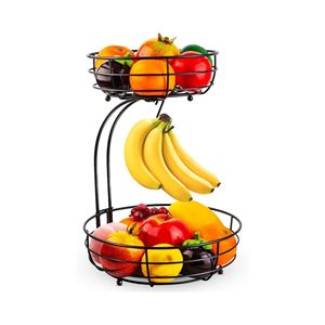 Panier à fruits et légumes en fer à 2 niveaux, écologique, durable, support à bananes, noir, 64 oz, organisateur de rangement pour la maison et la cuisine - Product Image 1