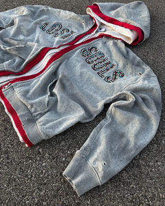 Sudadera personalizada de streetwear para hombre con triple cremallera, lavado ácido, estilo vintage, corte holgado y cuadrado, con pedrería y cremallera, talla grande. - Product Image 4