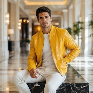 Blouson Bomber Homme en Cuir Gaufré Croco de Luxe LEATHER SPOT - Fermeture Éclair, Motif Écossais Imprimé, Décontracté d'Été - Product Image 2