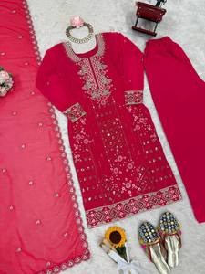 TENNYC Nuevo Conjunto de Traje de 3 Piezas de Diseño Exclusivo en Georgette Sintético Pesado con Bordado para Bodas y Diwali - Tela Elástica - Product Image 4