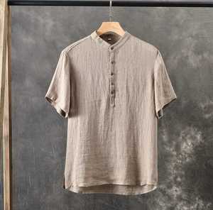 Men's Linen Cotton Short Sleeve Stand <b>Collar</b> <b>T</b>-<b>Shirt</b> Loose Fit Casual Solid Color Breathable Woven Fabric - Product Image 1