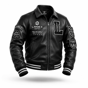 Custom Black Leather Varsity <b>Jacket</b> for <b>Men</b> with Embroidered Chenille Patches, Rib Knit Cuffs, Bomber Letterman <b>Jacket</b> OEM & ODM - Product Image 1