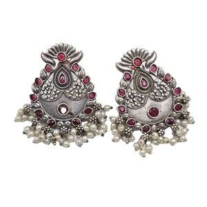 Pendientes Jhumka con forma de campana de latón chapado en plata oxidada antigua, engaste de bisel, para mujer, joyería étnica india bohemia, pera - Product Image 5