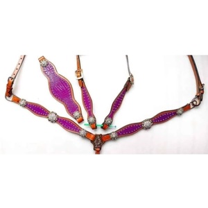 Western Leather One Ear Horse Headstall & Breast Collar Set Purple Crocodile Inlay Rhinestone Conchos <b>Studded</b> Western Tack Gear - Product Image 3