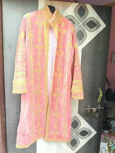 Pink Cotton Velvet Embroidered <b>Kimono</b> Robe With Golden Floral Threadwork Full Sleeves For <b>Women</b> Sculptures Decorative Accents - Product Image 2