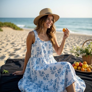 Maxi vestido inspirado en la naturaleza en estilo bohemio elegante con cuello redondo sin mangas para niñas que aman el verano y viajan enredaderas blancas y azules - Product Image 1