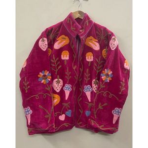 Hand Embroidered <b>Velvet</b> Knitted Cotton Breathable <b>Jacket</b> <b>Women</b> Mandarin Collar Full Sleeve Floral Pattern Open Front - Product Image 1