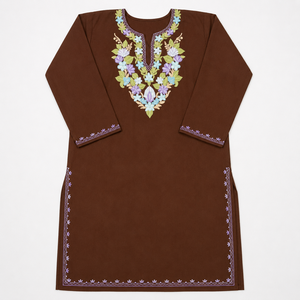 Kurti Pheran kashmiri marron chocolat avec broderie florale pastel, achetez directement auprès du fabricant - Product Image 4