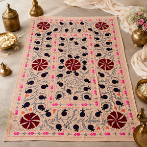 Drap de lit en coton brodé Suzani traditionnel, rouge multicolore, floral, fait main, style bohème, couvre-lit artisanal indien, décoration ethnique pour la maison - Product Image 5