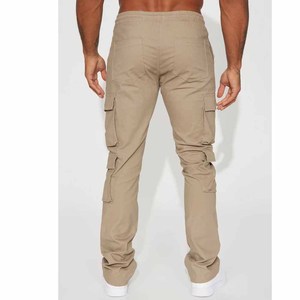 Pantalon cargo pour homme en toile de coton beige, plusieurs poches, décontracté, taille mi-haute, coupe droite, respirant, idéal pour le printemps - Product Image 3