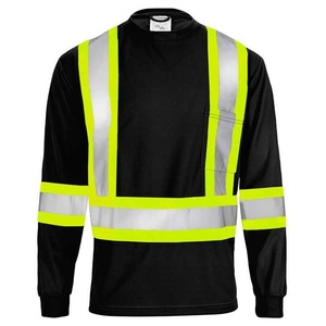 Men's High Visibility Reflective Long Sleeve <b>Work</b> Shirt <b>Black</b> with Yellow and Silver Stripes Polyester Material - Product Image 2
