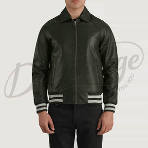 Chaqueta Bomber de Cuero Genuino Verde Oliva para Hombre con Cuello Clásico de Camisa y Puños Acanalados a Rayas, Prenda Deportiva Premium - Product Image 6