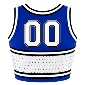Haut court de cheerleading sans manches bleu roi et blanc pour femme, col en V, uniforme de performance athlétique pour équipe, tenue de compétition sportive - Product Image 2
