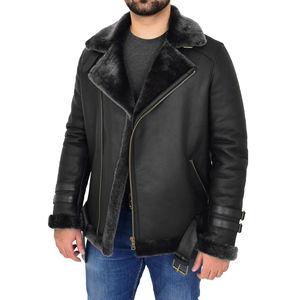 <b>Aviator</b> Shearling Leather <b>Jacket</b> High Quality Real Sheepskin Black Winter Windproof Thick Eco-Friendly Best Selling for <b>Men</b> - Product Image 3