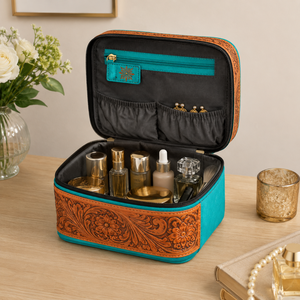 Tooled Leather Vanity Case Utility <b>Box</b> |Turquoise Suede <b>Makeup</b> Organizer, Travel Cosmetic Bag Handmade | OEM Export India 2026 - Product Image 5