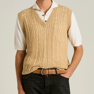 Gilet sans manches en tricot torsadé kaki pour homme, col en V, couleur unie, tricoté, pour l'automne - Product Image 2