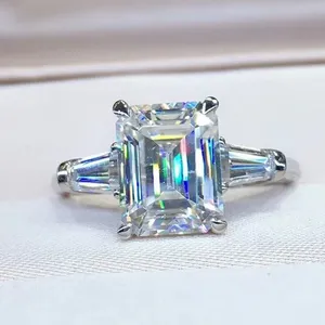 Tishya Diamond 3.96Ctw <b>Emerald</b> Cut Prong Set Three Stone IGI Certified Luxury Engagement <b>Ring</b> 14K White Gold Plated - Product Image 5