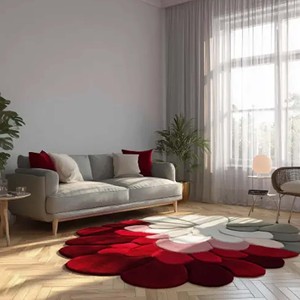 Floral Round Rug Red And Grey Flower Area Carpet Unique Petal Shape Tufted Soft Floor Mat For Modern Living Room Bedroom Decor - Product Image 3