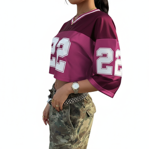 Haut court léger et respirant pour femme grande taille, style maillot de football américain 3/4, uniforme de rugby, en maille, col en V, épaules tombantes - Product Image 3