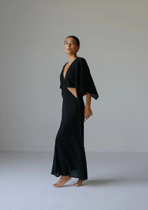 Women's Eco-Friendly Black Maxi Dress with Deep V-Neck Cut-Out Design Flare Sleeves Natural Waist for Evening & Cocktail Parties - Product Image 6