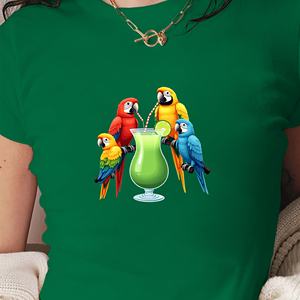 Parrots sipping tropical <b>cocktail</b> women's fashion short t-shirt - Product Image 3