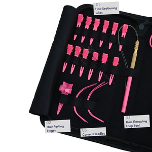 Professional <b>Pink</b> Stylist hair Extension <b>Kit</b> with 2 Hole Bead Crimping Plier Threading Loop Hook Mini Scissors & Duckbill Clips - Product Image 3