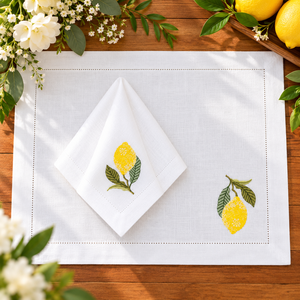 Ensemble de sets de table et serviettes en coton brodé motif citron vif, avec ourlet festonné élégant, pour la décoration de table à la maison, en cuisine et pour les fêtes - Product Image 1