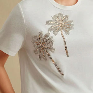 T-shirt en coton blanc à col rond et manches courtes, broderie de palmiers en sequins or et argent, vêtements d'été faits à la main, hauts de vêtements - Product Image 1