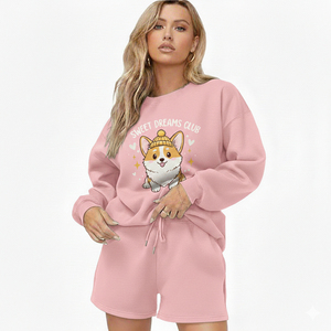 Women Winter Solid Design Knitting Sweatshirt Shorts Set Casual Two Piece Outfit Breathable Anti-Pilling Loose Fit Cotton Fleece - Product Image 1