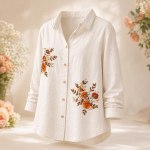 <b>Women</b> Premium White Cotton <b>Shirt</b> Orange Floral Embroidery Full Sleeve Button Down Casual <b>Dress</b> Blouse for B2B Buyers - Product Image 4