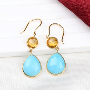 Nouvelle Arrivée Boucles d'Oreilles Pendantes Classiques pour Femme en Or Jaune Massif 18 carats avec Pierres Précieuses Turquoise et Citrine, Faites à la Main, Bijoux de Mariage, Cadeau de Fête - Product Image 1
