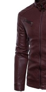 <b>Men's</b> Slim Fit Leather <b>Jacket</b> Moto <b>Biker</b> Style Stand Collar Zipper Closure Autumn Wear - Product Image 3